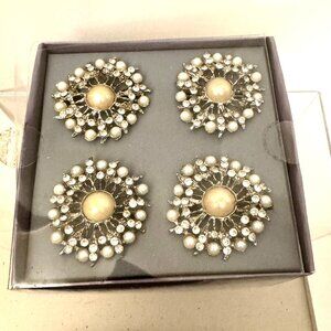 Simple Dining Round Napkin Rings Holder Set 8 Rhinestone Faux Pearl Silver Metal